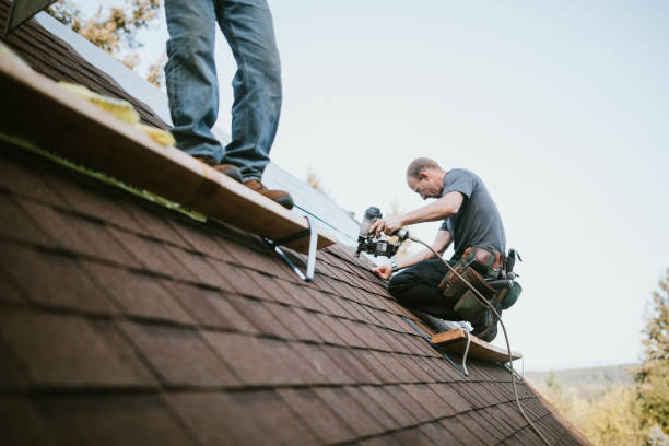 Alpine Exteriors team performing roof repairs on a suburban home